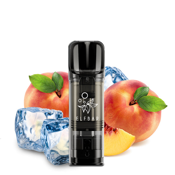 Elfbar ELFA vape device with peach and ice cubes, showcasing sustainable vaping with flavorful options.